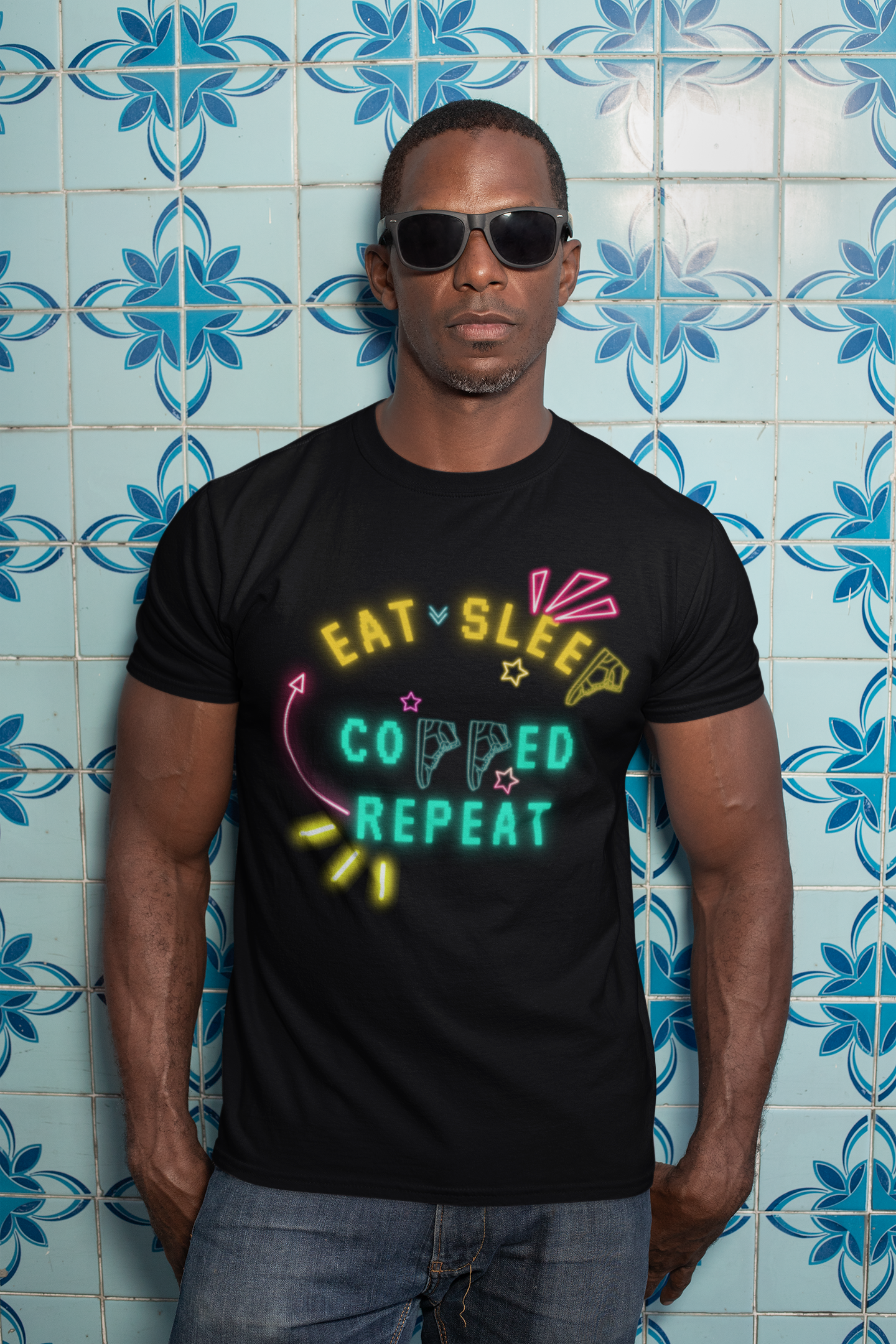 eat, sleep, copped repeat! Custom designed retro style SNKR tee.